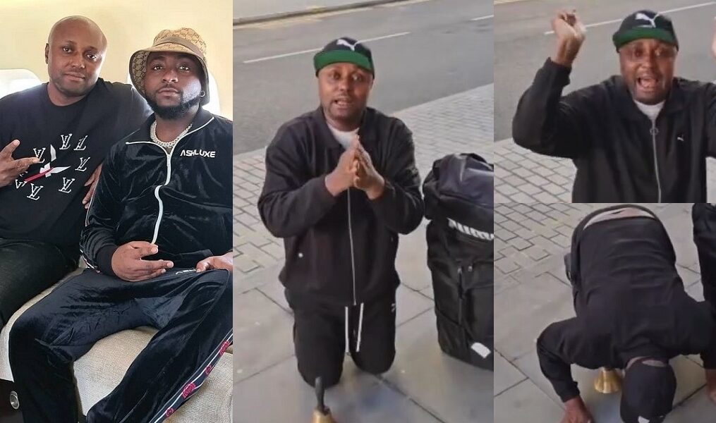 “Oga na you gimme visa” – Isreal DMW kneels to appreciate Davido after arriving London (Video)